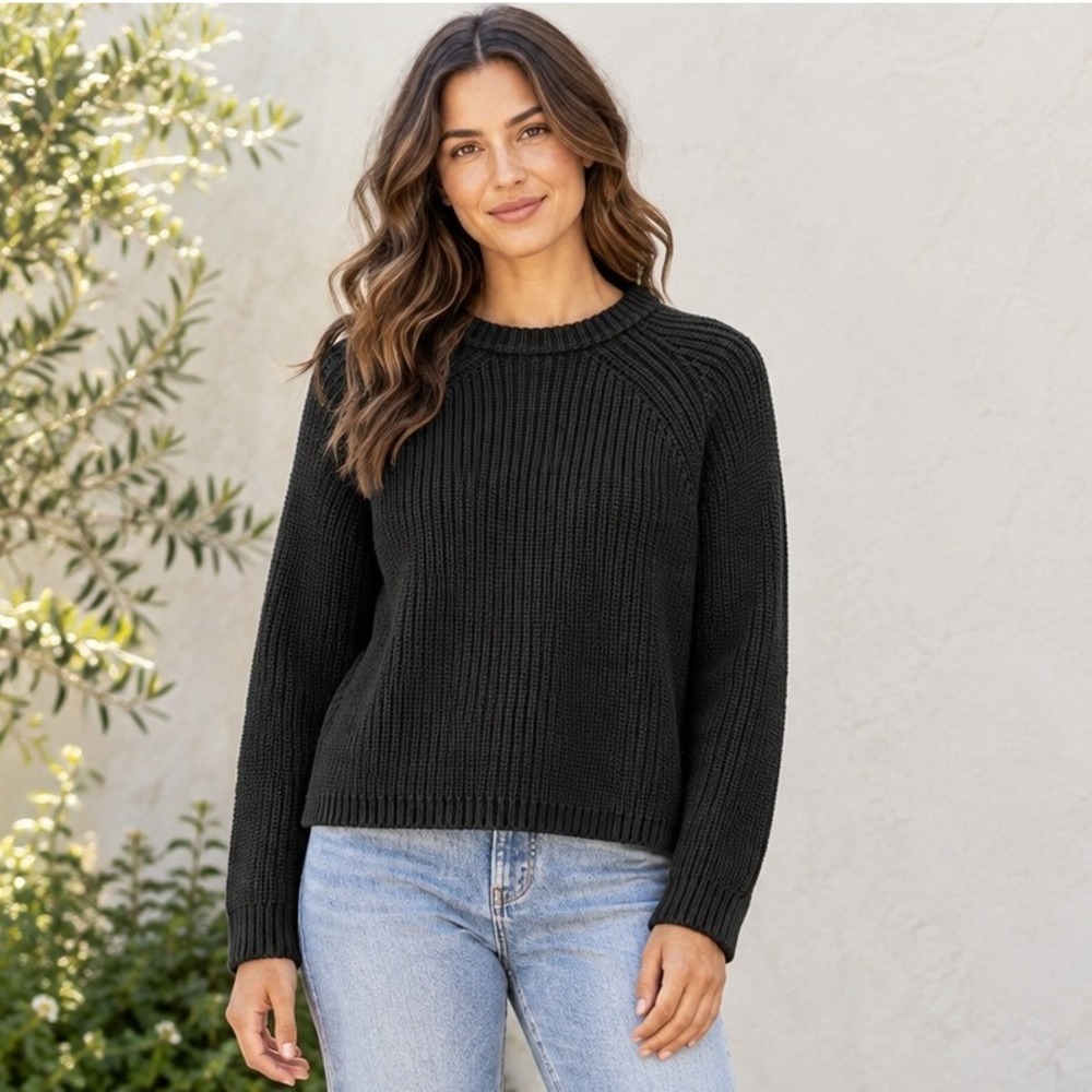 Quince Women S Black 100% Organic Cotton Ribbed Crewneck Sweater